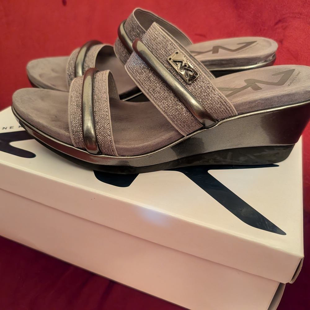 Anne Klein Metallic Gray Wedge Sandals